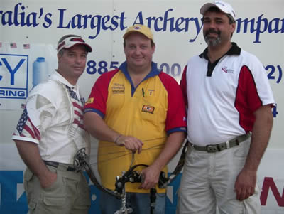 Hooter with Martin Staff Shooters Mike Hindmarsh from USA (L) and Dennis Daigle from Canada (R)